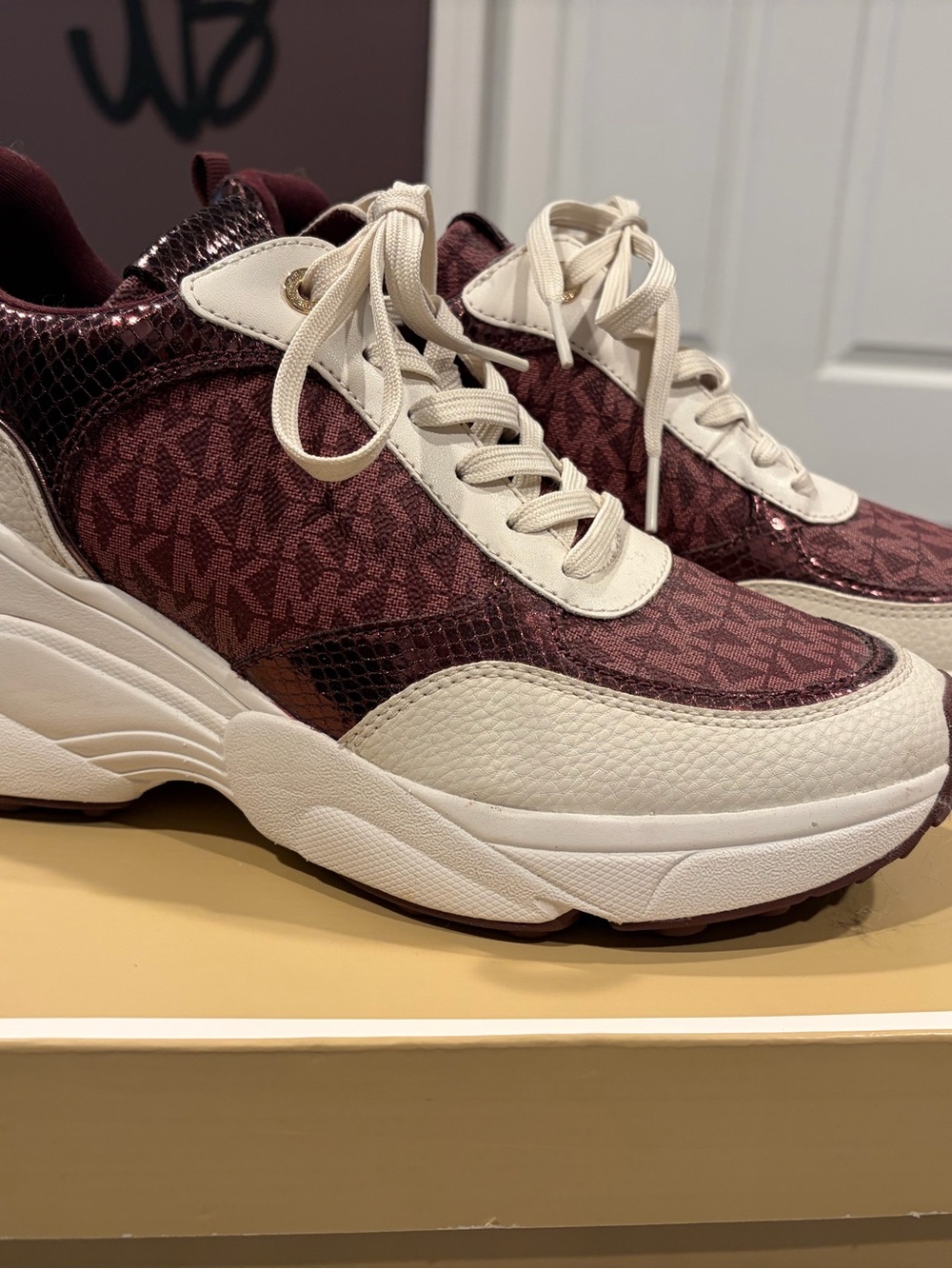 Michael Kors Burgundy and Cream Chunky Logo Platform Sneakers
